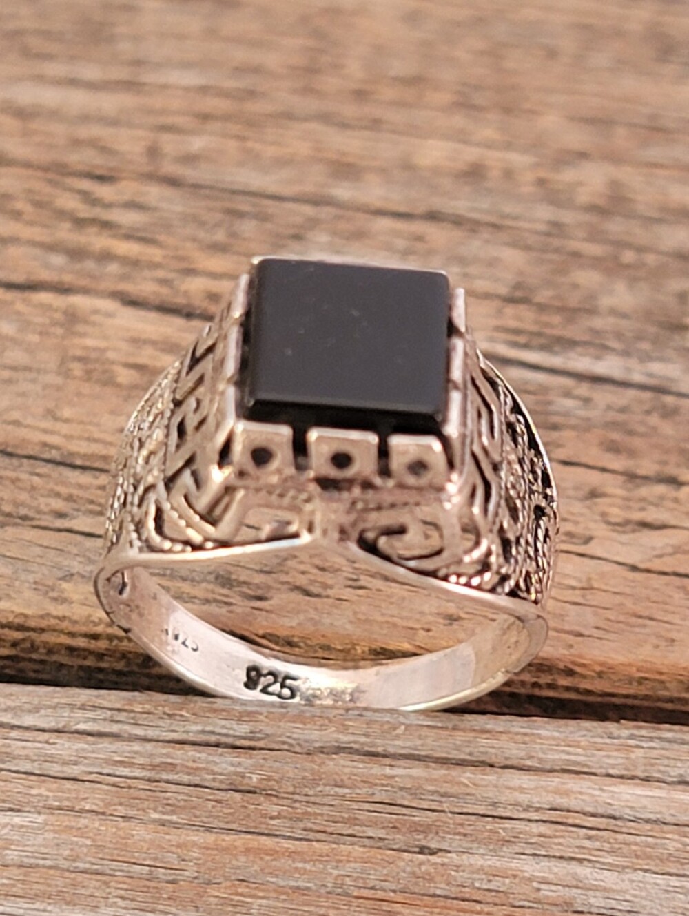 Square Onyx Greek Key Open Work Sterling Ring Band